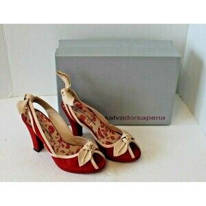 Salvador Sapena Peep Toe Slingback Heel Red Suede Shoes Pinup Box EU 36 US 5.5